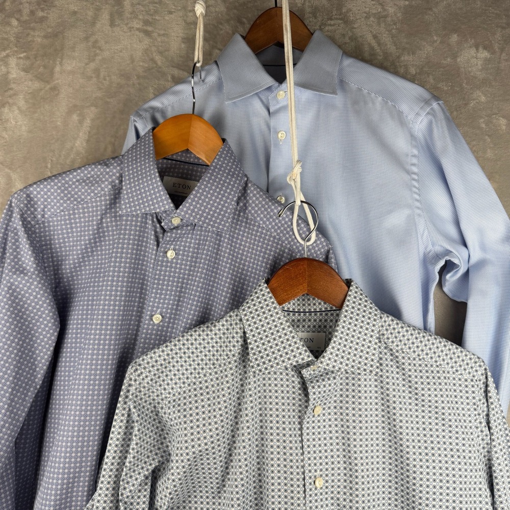 Eton Contemporary Fit Blue Geometric Print Dress Shirt Mens 15.5 39 L/S SET of 3